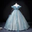 Fashion Sky Blue Ruffle Prom Dresses 2022 Ball Gown Off-The-Shoulder Short Sleeve Backless Beading Pearl Sequins Floor-Length / Long Formal Dresses