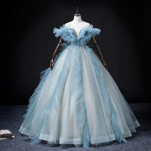 Moda Azul Cielo Ruffle Vestidos de gala 2022 Ball Gown Fuera Del Hombro Manga Corta Sin Espalda Rebordear Perla Lentejuelas Largos Vestidos Formales