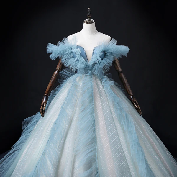 Fashion Sky Blue Ruffle Prom Dresses 2022 Ball Gown Off-The-Shoulder Short Sleeve Backless Beading Pearl Sequins Floor-Length / Long Formal Dresses