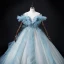 Fashion Sky Blue Ruffle Prom Dresses 2022 Ball Gown Off-The-Shoulder Short Sleeve Backless Beading Pearl Sequins Floor-Length / Long Formal Dresses
