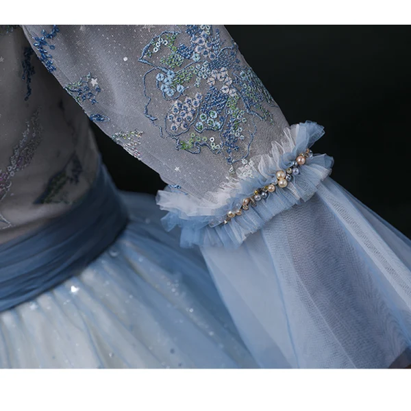 Chic / Beautiful Pool Blue Beading Pearl Sequins Prom Dresses 2022 Ball Gown V-Neck Bell sleeves Backless Floor-Length / Long Formal Dresses