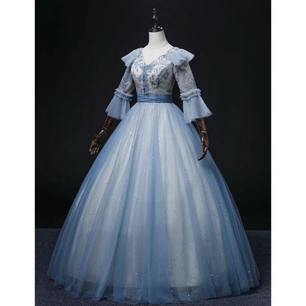 Chic / Beautiful Pool Blue Beading Pearl Sequins Prom Dresses 2022 Ball Gown V-Neck Bell sleeves Backless Floor-Length / Long Formal Dresses