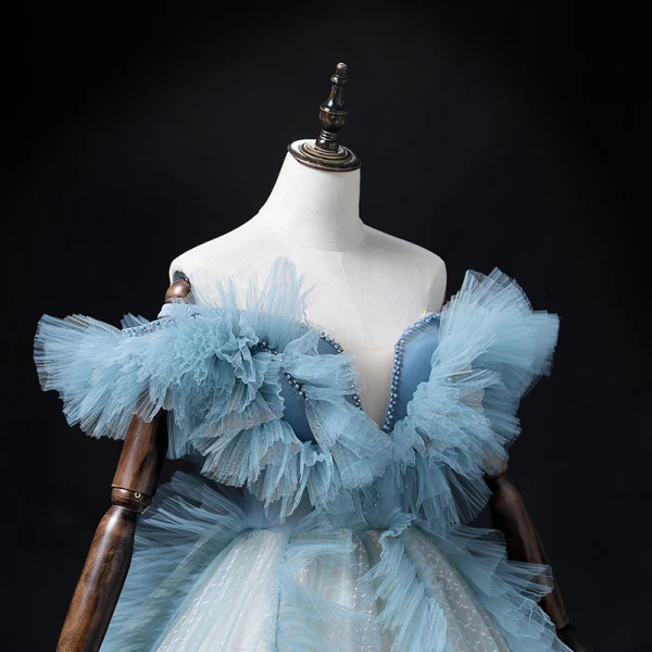 Fashion Sky Blue Ruffle Prom Dresses 2022 Ball Gown Off-The-Shoulder Short Sleeve Backless Beading Pearl Sequins Floor-Length / Long Formal Dresses