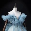Fashion Sky Blue Ruffle Prom Dresses 2022 Ball Gown Off-The-Shoulder Short Sleeve Backless Beading Pearl Sequins Floor-Length / Long Formal Dresses