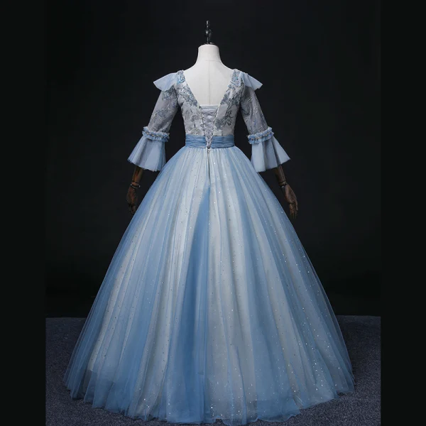 Chic / Beautiful Pool Blue Beading Pearl Sequins Prom Dresses 2022 Ball Gown V-Neck Bell sleeves Backless Floor-Length / Long Formal Dresses