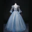 Chic / Beautiful Pool Blue Beading Pearl Sequins Prom Dresses 2022 Ball Gown V-Neck Bell sleeves Backless Floor-Length / Long Formal Dresses