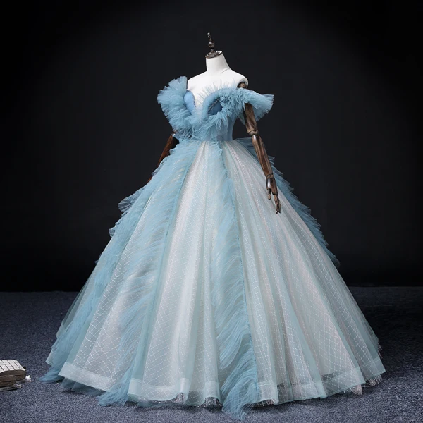 Fashion Sky Blue Ruffle Prom Dresses 2022 Ball Gown Off-The-Shoulder Short Sleeve Backless Beading Pearl Sequins Floor-Length / Long Formal Dresses