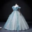 Fashion Sky Blue Ruffle Prom Dresses 2022 Ball Gown Off-The-Shoulder Short Sleeve Backless Beading Pearl Sequins Floor-Length / Long Formal Dresses