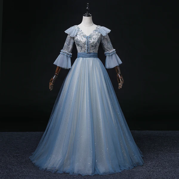 Chic / Beautiful Pool Blue Beading Pearl Sequins Prom Dresses 2022 Ball Gown V-Neck Bell sleeves Backless Floor-Length / Long Formal Dresses