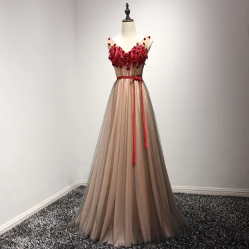 Chic Beautiful Formal Dresses 2017 Evening Dresses Brown A Line Princess Floor Length Long V Neck Sleeveless Backless Sash Lace Appliques Beading