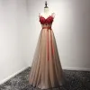 Chic / Beautiful Formal Dresses 2017 Evening Dresses  Brown A-Line / Princess Floor-Length / Long V-Neck Sleeveless Backless Sash Lace Appliques Beading