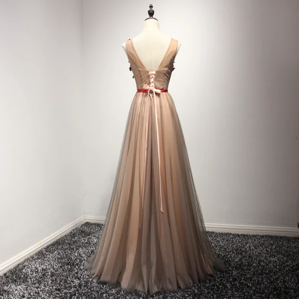 Chic / Beautiful Formal Dresses 2017 Evening Dresses Brown A-Line / Princess Floor-Length / Long V-Neck Sleeveless Backless Sash Lace Appliques Beading