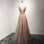 Chic / Beautiful Formal Dresses 2017 Evening Dresses  Brown A-Line / Princess Floor-Length / Long V-Neck Sleeveless Backless Sash Lace Appliques Beading