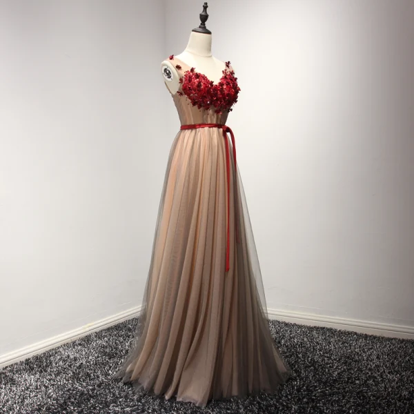 Chic / Beautiful Formal Dresses 2017 Evening Dresses Brown A-Line / Princess Floor-Length / Long V-Neck Sleeveless Backless Sash Lace Appliques Beading