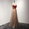 Chic / Beautiful Formal Dresses 2017 Evening Dresses  Brown A-Line / Princess Floor-Length / Long V-Neck Sleeveless Backless Sash Lace Appliques Beading