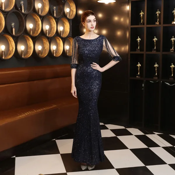 Charmant Noire Paillettes Robe De Soirée 2022 Trompette / Sirène Encolure Dégagée Perlage Gland Manches Courtes Dos Nu Longue Soirée Robe De Ceremonie