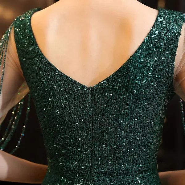 Charmant Noire Paillettes Robe De Soirée 2022 Trompette / Sirène Encolure Dégagée Perlage Gland Manches Courtes Dos Nu Longue Soirée Robe De Ceremonie