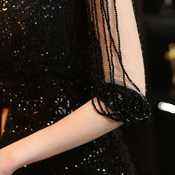 Charmant Noire Paillettes Robe De Soirée 2022 Trompette / Sirène Encolure Dégagée Perlage Gland Manches Courtes Dos Nu Longue Soirée Robe De Ceremonie