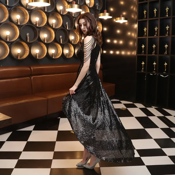 Chic / Belle Vert Foncé Paillettes Robe De Fête 2022 Princesse Encolure Dégagée Perlage Gland Sans Manches Asymétrique Soirée Robe De Soirée Robe De Ceremonie