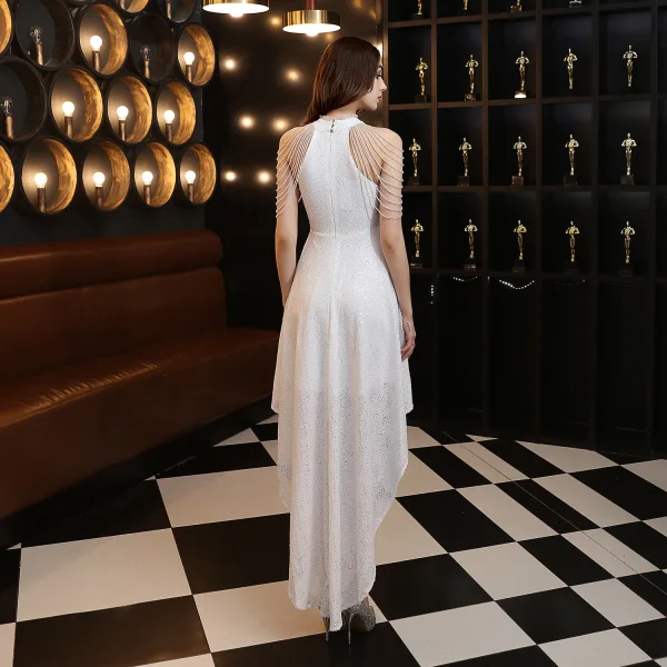 Scintillantes Vert Foncé Perlage Paillettes Asymétrique Robe De Cocktail 2024 Princesse Encolure Dégagée Sans Manches Dos Nu Cocktail