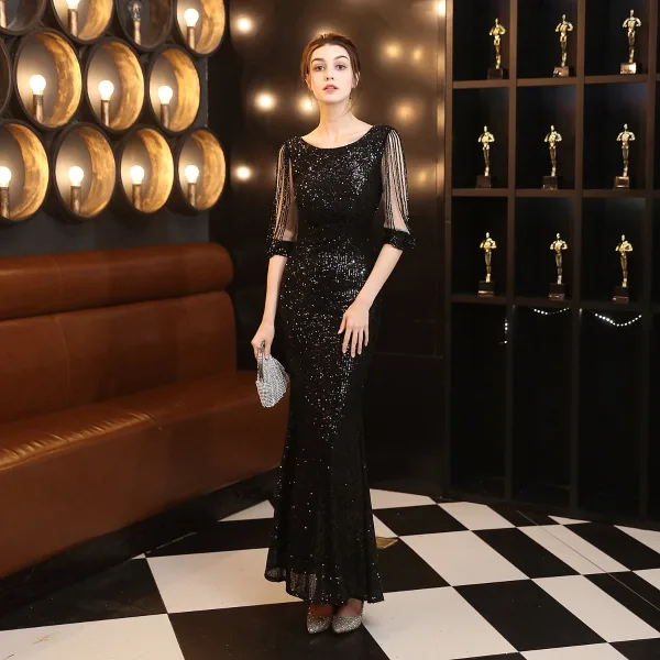 Charmant Noire Paillettes Robe De Soirée 2022 Trompette / Sirène Encolure Dégagée Perlage Gland Manches Courtes Dos Nu Longue Soirée Robe De Ceremonie