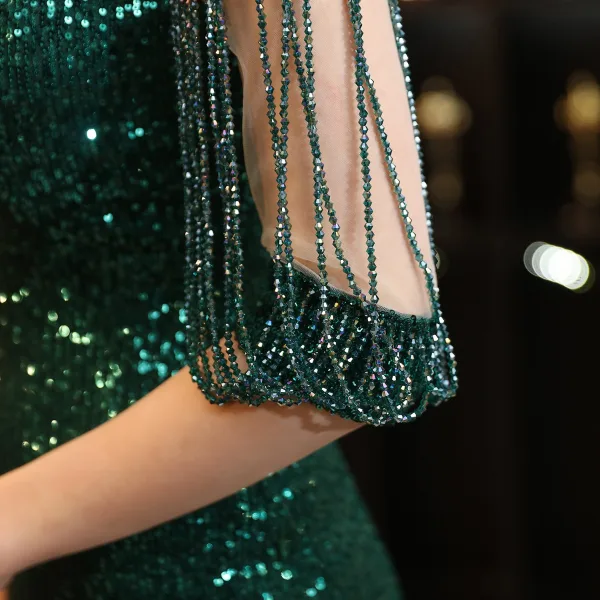 Charmant Noire Paillettes Robe De Soirée 2022 Trompette / Sirène Encolure Dégagée Perlage Gland Manches Courtes Dos Nu Longue Soirée Robe De Ceremonie