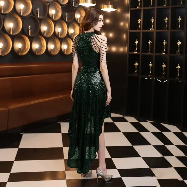 Chic / Belle Vert Foncé Paillettes Robe De Fête 2022 Princesse Encolure Dégagée Perlage Gland Sans Manches Asymétrique Soirée Robe De Soirée Robe De Ceremonie