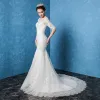 Chic / Beautiful Church Wedding Dresses 2017 White Trumpet / Mermaid Court Train Scoop Neck 1/2 Sleeves Backless Lace Appliques
