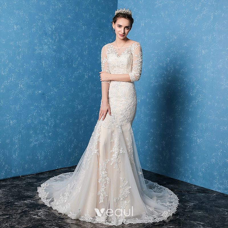 High Neckline Lace Backless Mermaid Wedding Dresses With Court