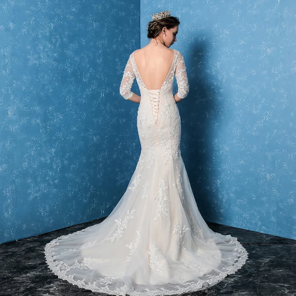 Modest / Simple Church Hall Wedding Dresses 2017 Trumpet / Mermaid Court Train 3/4 Sleeve Scoop Neck Backless Lace Appliques