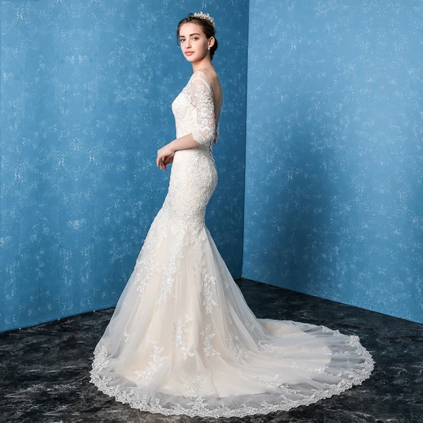 Modest / Simple Church Hall Wedding Dresses 2017 Trumpet / Mermaid Court Train 3/4 Sleeve Scoop Neck Backless Lace Appliques