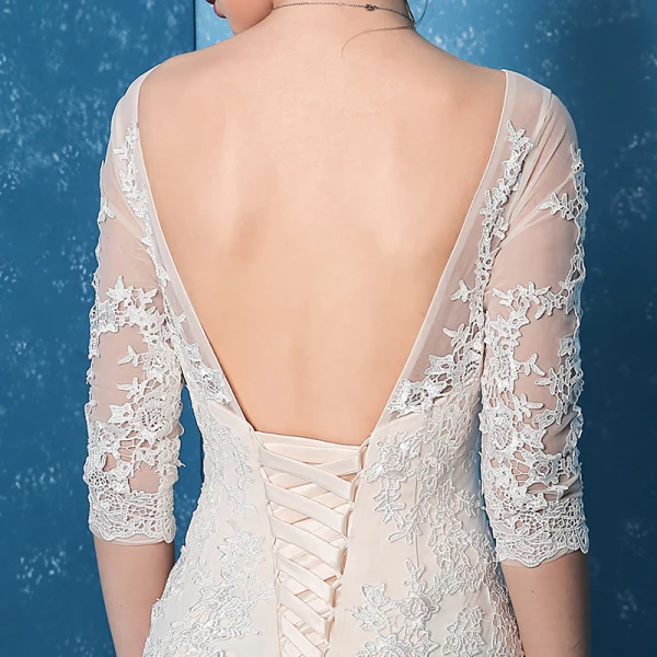 Modest / Simple Church Hall Wedding Dresses 2017 Trumpet / Mermaid Court Train 3/4 Sleeve Scoop Neck Backless Lace Appliques