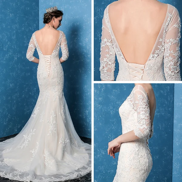 Modest / Simple Church Hall Wedding Dresses 2017 Trumpet / Mermaid Court Train 3/4 Sleeve Scoop Neck Backless Lace Appliques