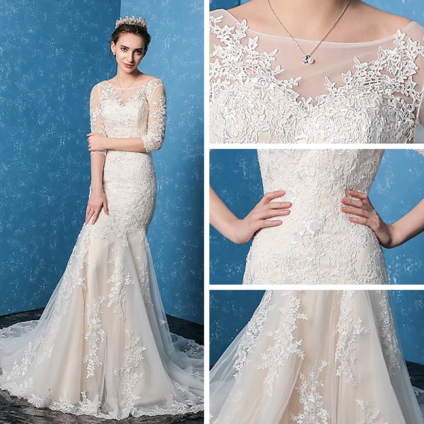 Modest / Simple Church Hall Wedding Dresses 2017 Trumpet / Mermaid Court Train 3/4 Sleeve Scoop Neck Backless Lace Appliques