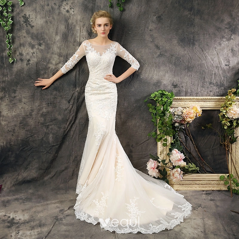 Long Sleeve Lace Appliques Wedding Gown Elegant Wedding Dresses Court Train  2020