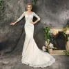 Modest / Simple Church Hall Wedding Dresses 2017 Champagne Trumpet / Mermaid Court Train Scoop Neck 3/4 Sleeve Backless Crossed Straps Lace Appliques