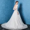 Modest / Simple White Wedding Dresses 2017 A-Line / Princess Scoop Neck Long Sleeve Backless Appliques Lace Sweep Train