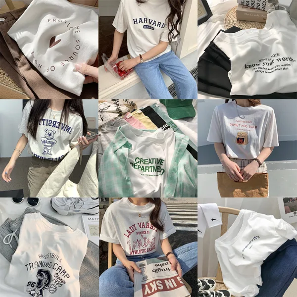 Fashion White Cotton Street Wear Cartoon Printing Loose T-Shirts 2021 Scoop Neck Short Sleeve Women's Tops T-shirt