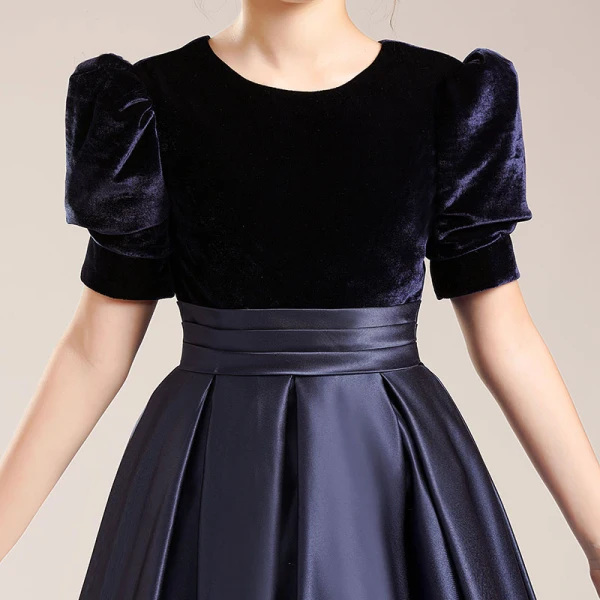 Elegant Black Suede Satin Birthday Flower Girl Dresses 2022 Ball Gown Scoop Neck Short Sleeve Sash Floor-Length / Long Flower Girl Dresses