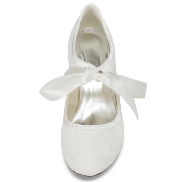 Schlicht Ivory / Creme Satin Spitze Brautschuhe 2021 Schleife 6 cm Stilettos Runde Zeh Hochzeit Pumps Hochhackige