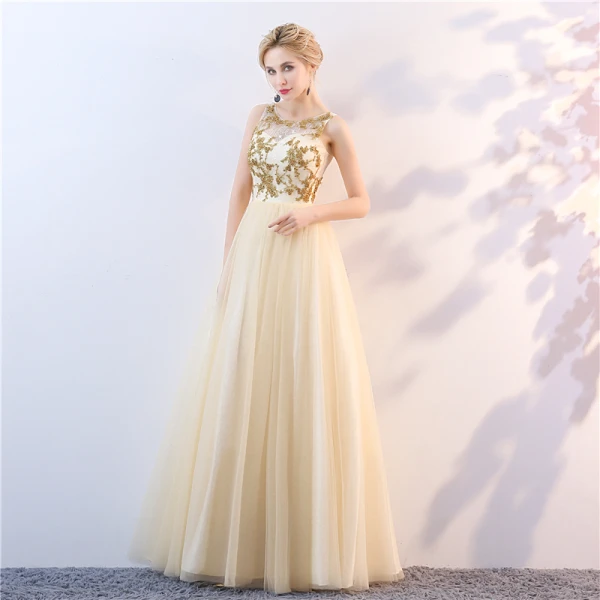 Chic / Beautiful Gold Prom Dresses 2018 A-Line / Princess Scoop Neck Sleeveless Beading Floor-Length / Long Ruffle Formal Dresses