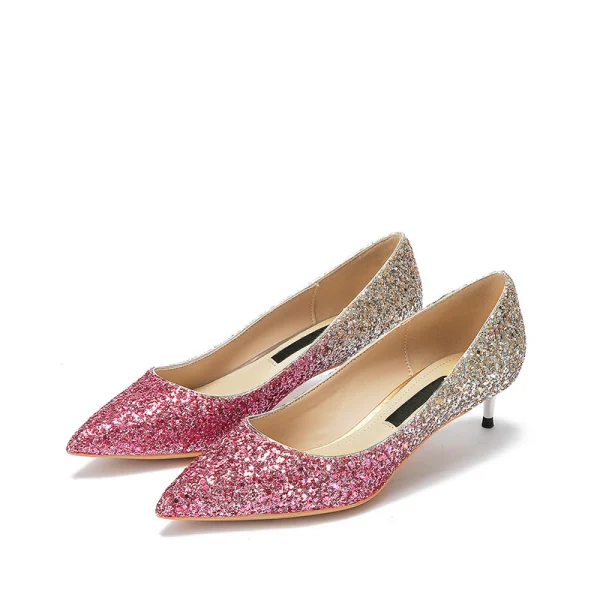 Schöne Silber Abend Pumps 2019 Leder Pailletten 4 cm Stilettos Spitzschuh Low Heel Pumps