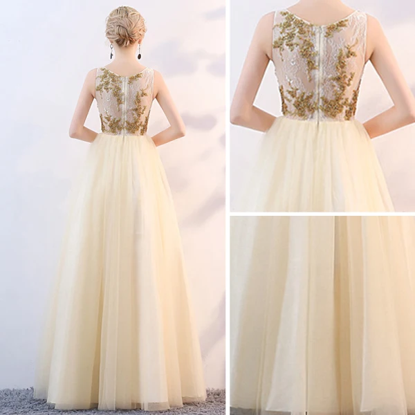 Chic / Beautiful Gold Prom Dresses 2018 A-Line / Princess Scoop Neck Sleeveless Beading Floor-Length / Long Ruffle Formal Dresses