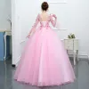 Chic / Beautiful Candy Pink Prom Dresses 2017 A-Line / Princess Lace V-Neck Long Sleeve Appliques Backless Embroidered Prom Evening Dresses