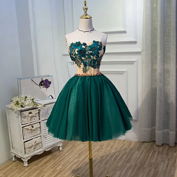 Chic / Beautiful Green Graduation Dresses 2017 A-Line / Princess Lace Strapless Appliques Backless Beading Homecoming Cocktail Party Formal Dresses