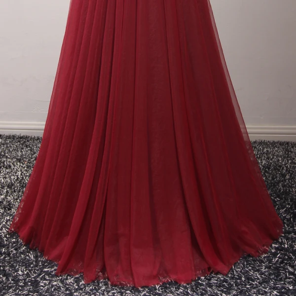 Chic / Beautiful Burgundy Evening Dresses 2017 A-Line / Princess Tulle V-Neck Evening Party Appliques Backless Beading Formal Dresses