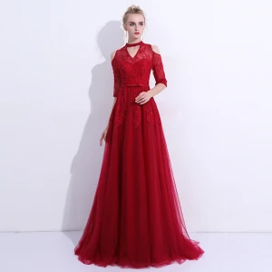 Chic Belle Bordeaux Robe De Soirée 2018 Tulle Col Haut Princesse Dos Nu Appliques Perlage Brodé Soirée Robe De Ceremonie