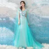 Chic / Beautiful Sky Blue Prom Dresses 2018 A-Line / Princess Floor-Length / Long Tulle V-Neck Butterfly Appliques Backless Formal Dresses