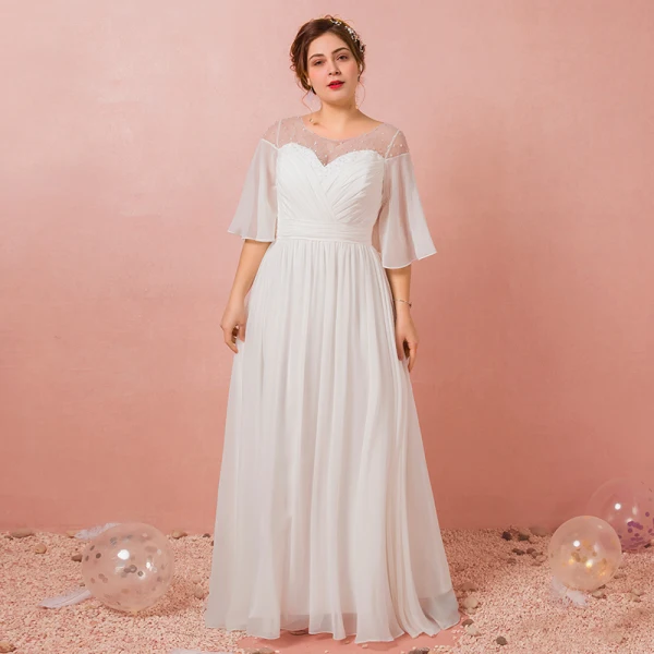 Schlicht Weiß Übergröße Abendkleider 2018 A Linie U-Ausschnitt Chiffon Tülle Perlenstickerei Pailletten Abend Festliche Kleider