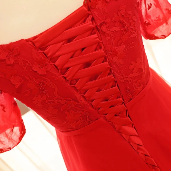 Chic / Beautiful Red Plus Size Evening Dresses 2018 A-Line / Princess Tulle U-Neck Appliques Backless Beading Evening Party Prom Dresses